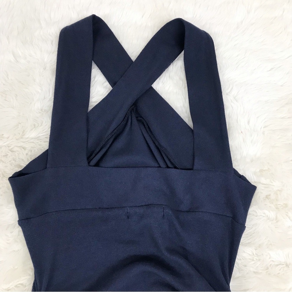 MICHAEL STARS Opaline Midi Dress Medium Navy Blue Bodycon Halter Ruched Ribbed - Picture 7 of 10